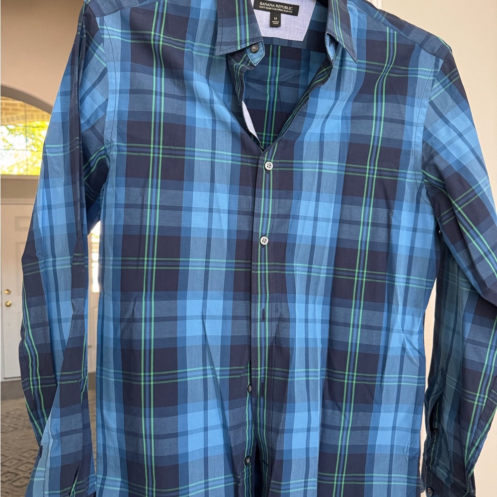 Andrew Marc Navy and Green Plaid Men's Shirt